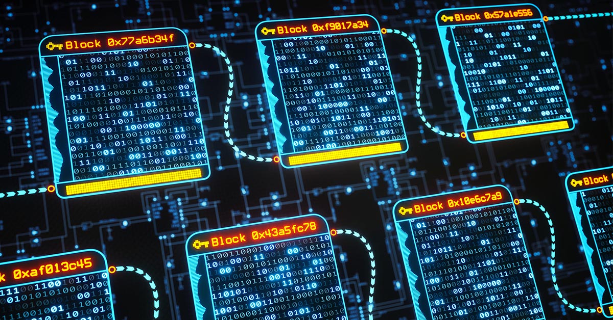 Graphic display of bitcoin code blocks in two rows showing 0s and 1s