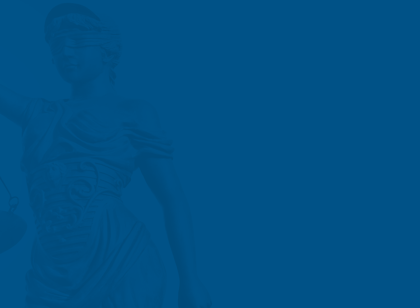 Banner image with the impression of the justice is blind statue overlayed on blue