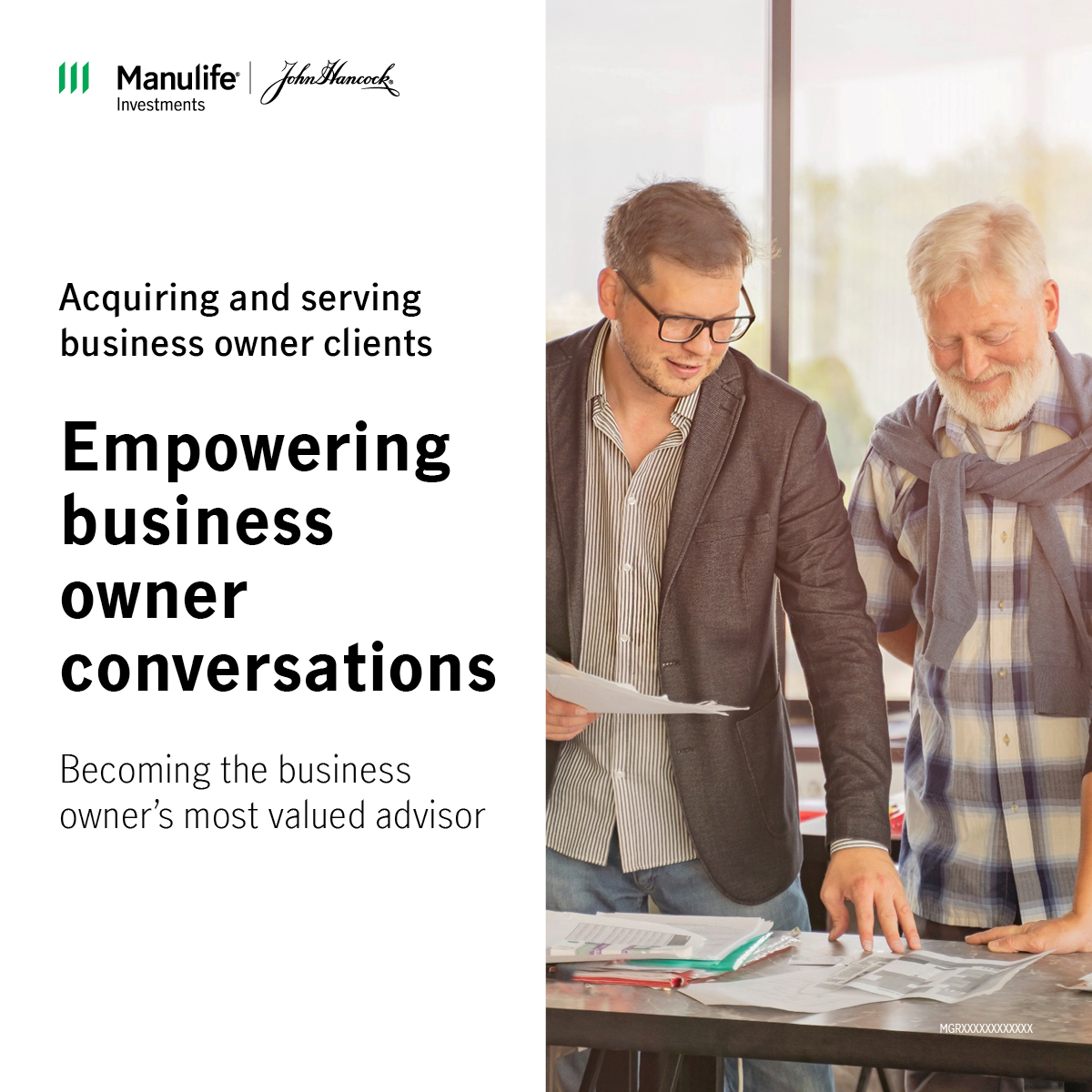 Two professionals collaborating in a modern office setting, with a computer and documents on a desk.