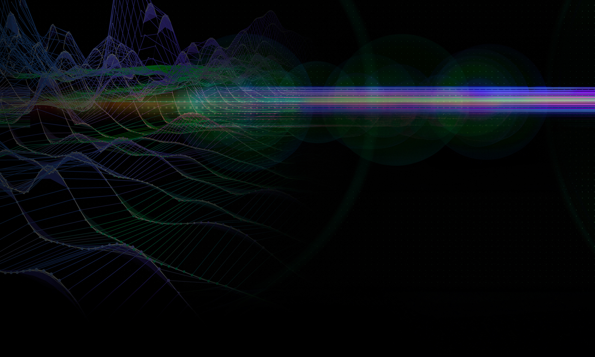 Decorative image with a black background and light streak with various colors in the spectrum