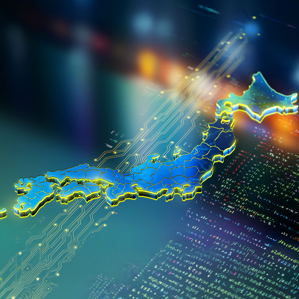 Abstract graphic of a square semiconductor chip with map-like lines and archipelago forms, evoking oil spill textures.