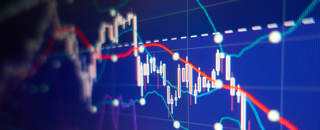 An abstract blue background features a data graph, epitomizing market trends and financial stock performance in business.